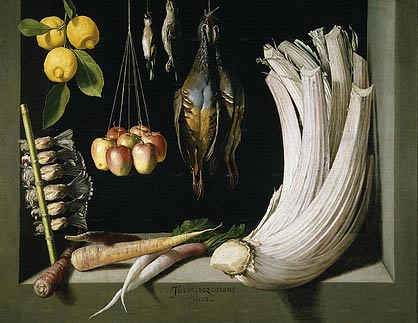 Juan S&aacute;nchez Cot&aacute;n: Still life with dead birds, fruit and vegetables, 1602.  This work is in the public domain.